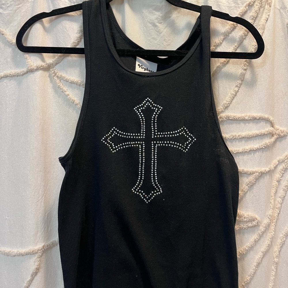Black Tank Top with Rhinestone Cross